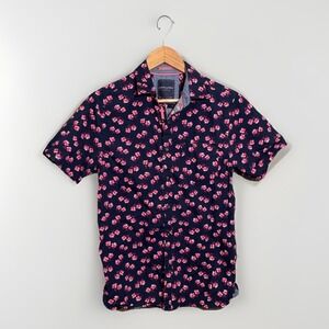 Across The Pond Short Sleeve Shirt Button Front Floral Cotton Men's Small Blue